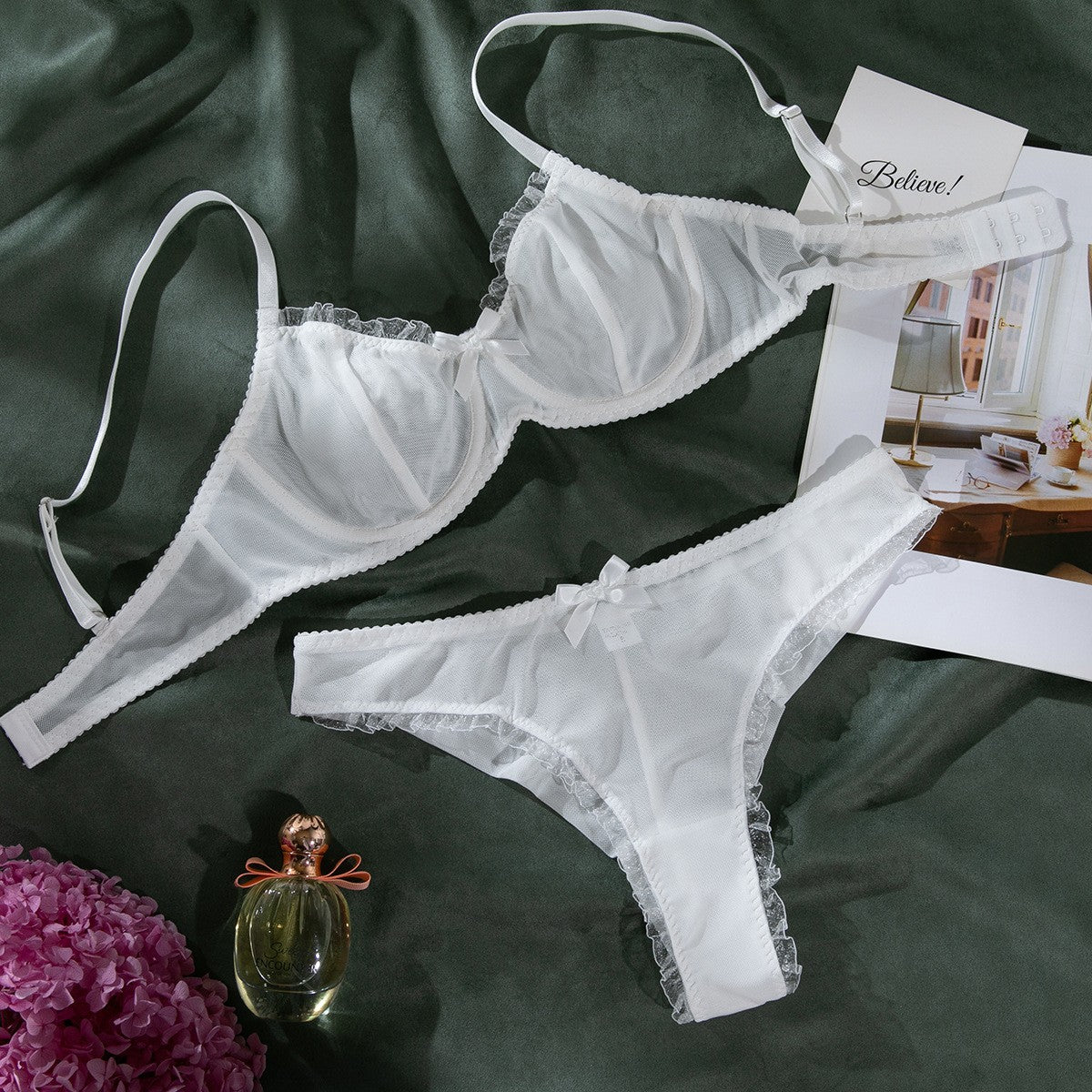 Ruffle Trim Sheer Mesh Underwire Bra And Panty Set - White