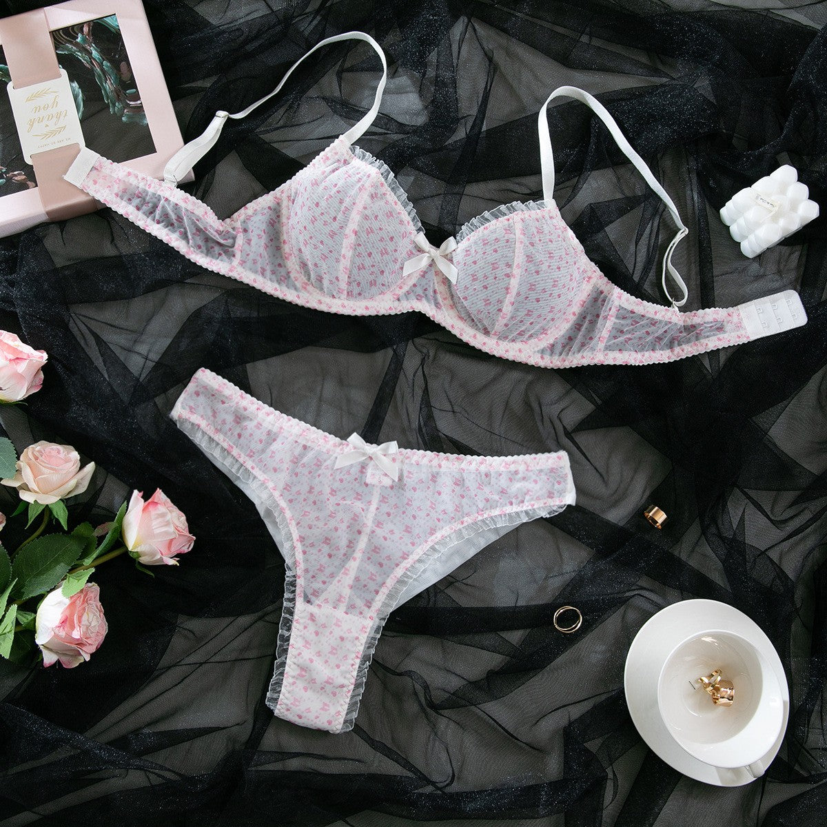 Ruffle Trim Sheer Mesh Underwire Bra And Panty Set