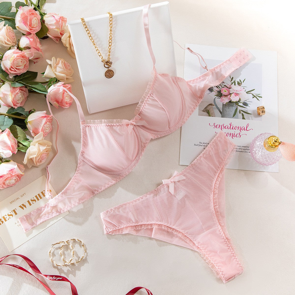 Ruffle Trim Sheer Mesh Underwire Bra And Panty Set