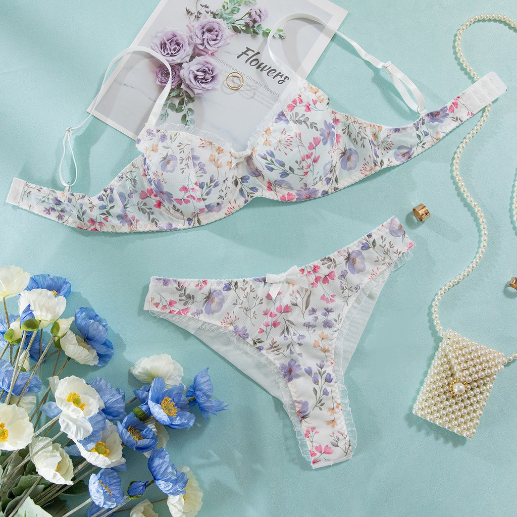 Ruffle Trim Sheer Mesh Underwire Bra And Panty Set