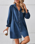 Drop Waist Denim Mini Shirt Dress - Dark-Blue