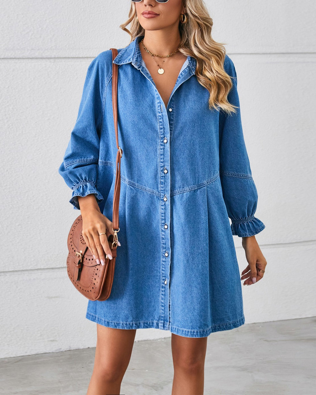Drop Waist Denim Mini Shirt Dress - Light-Blue
