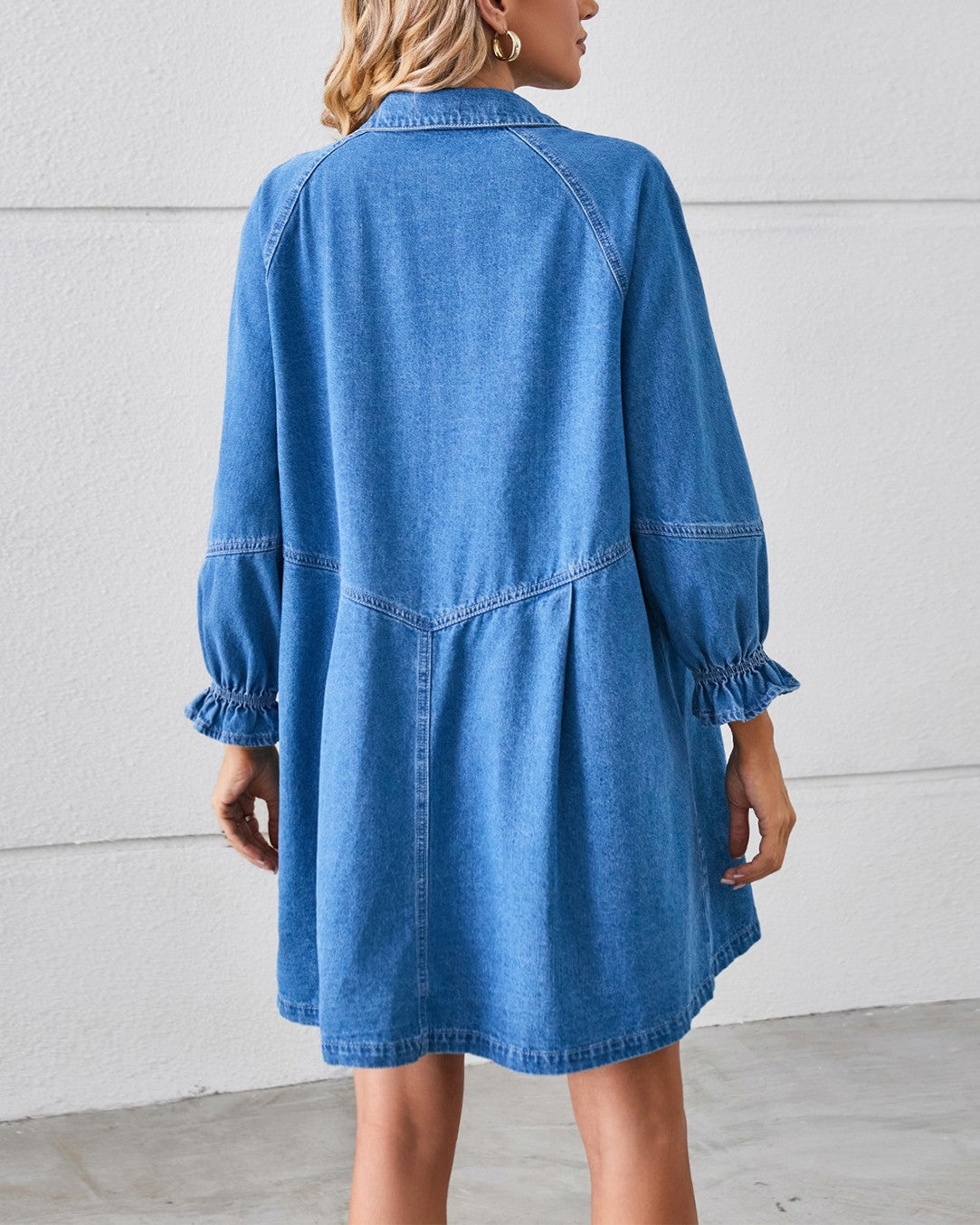 Drop Waist Denim Mini Shirt Dress - Light-Blue - 2