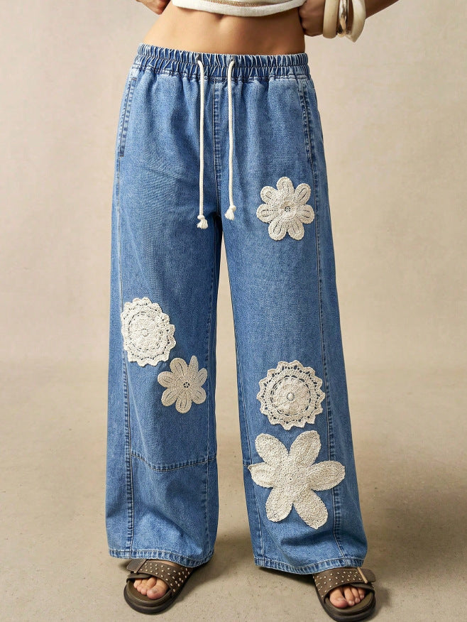 Crochet Flower Patch Wide Leg Jeans - Blue