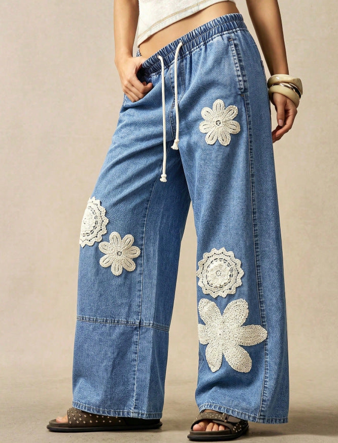 Crochet Flower Patch Wide Leg Jeans - Blue - 1