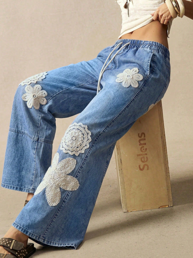 Crochet Flower Patch Wide Leg Jeans - Blue - 2