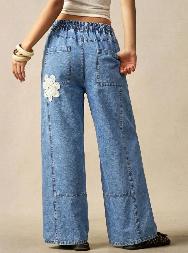 Crochet Flower Patch Wide Leg Jeans - Blue - 3