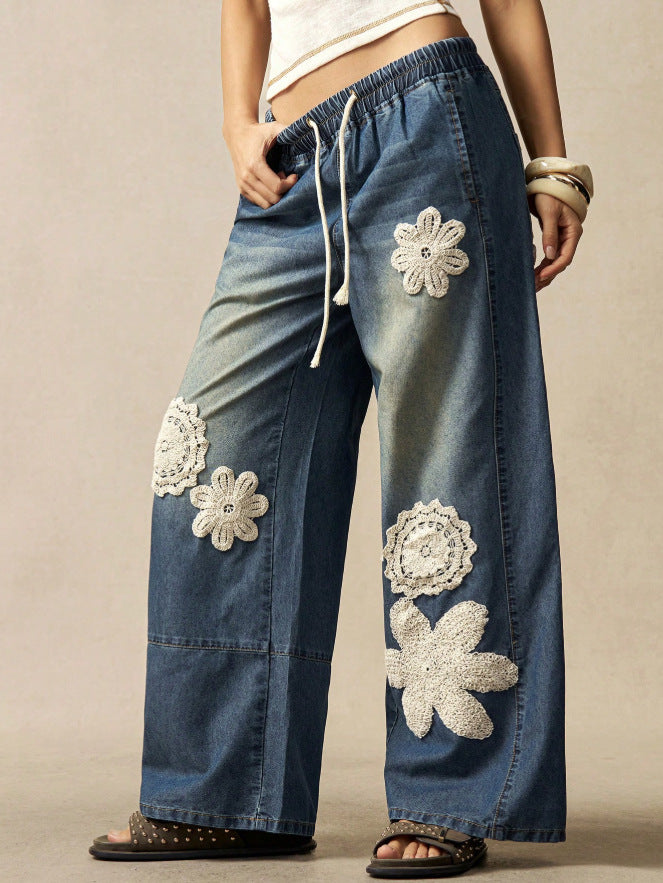 Crochet Flower Patch Wide Leg Jeans - Nostalgic