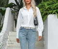Satin Lantern Sleeve Button Blouse - White