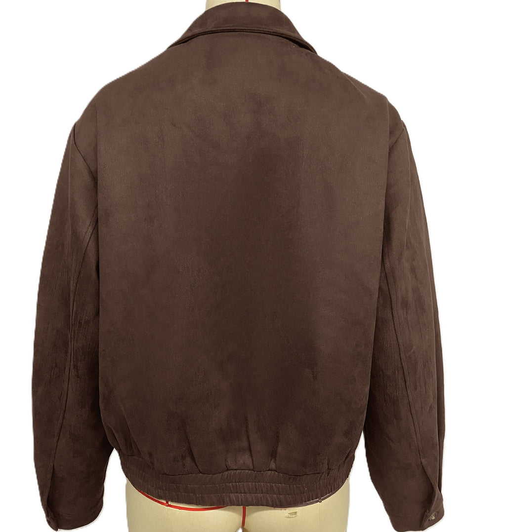 Faux Suede Collared Zip Bomber Jacket - Brown - 1