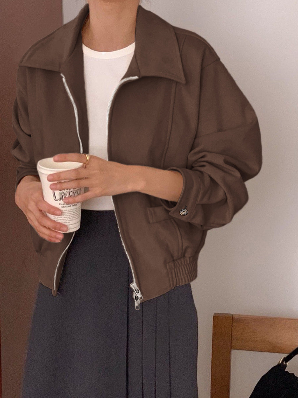 Faux Suede Collared Zip Bomber Jacket - Brown - 2