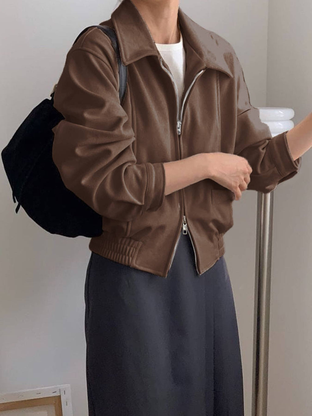Faux Suede Collared Zip Bomber Jacket