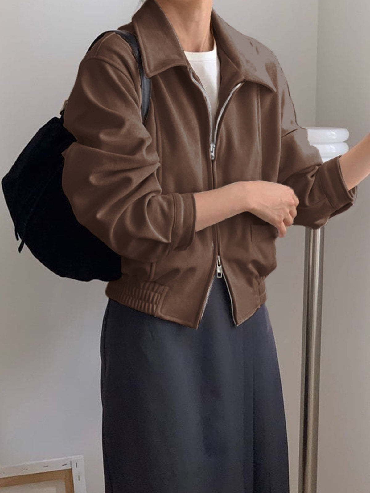 Faux Suede Collared Zip Bomber Jacket - view 1