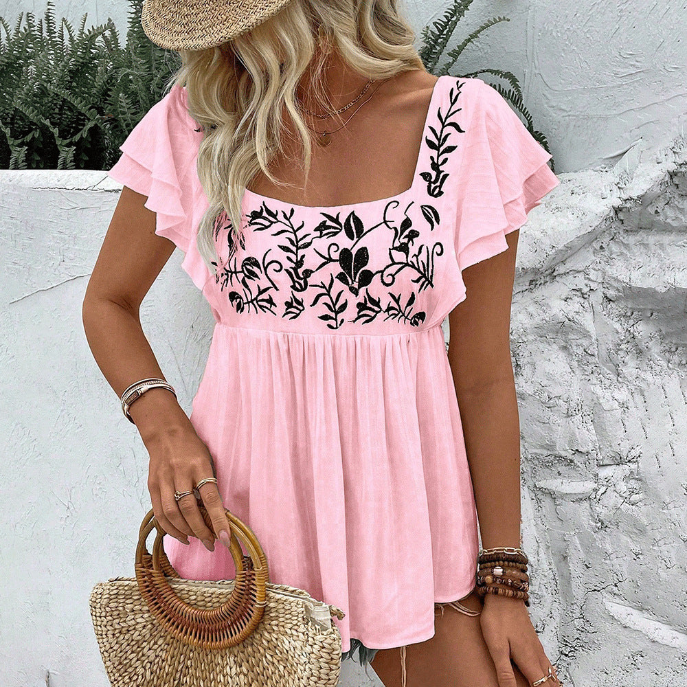 Boho Floral Embroidered Flutter-Sleeve Peplum Top - Pink
