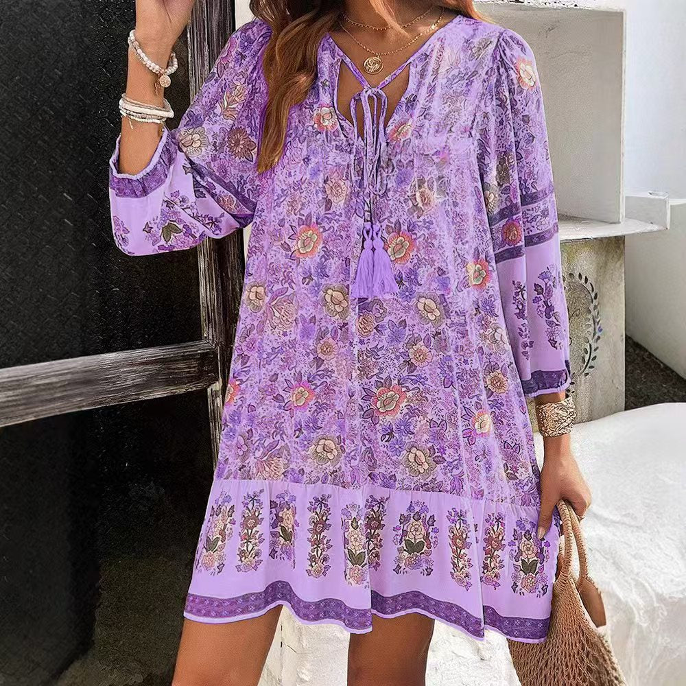 Tassel Tie Neck Ruffle Hem Floral Mini Dress - Purple