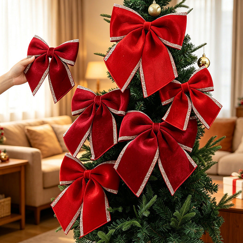 Glitter-Edged Velvet Christmas Bow Tree Decor - Red-L - 1