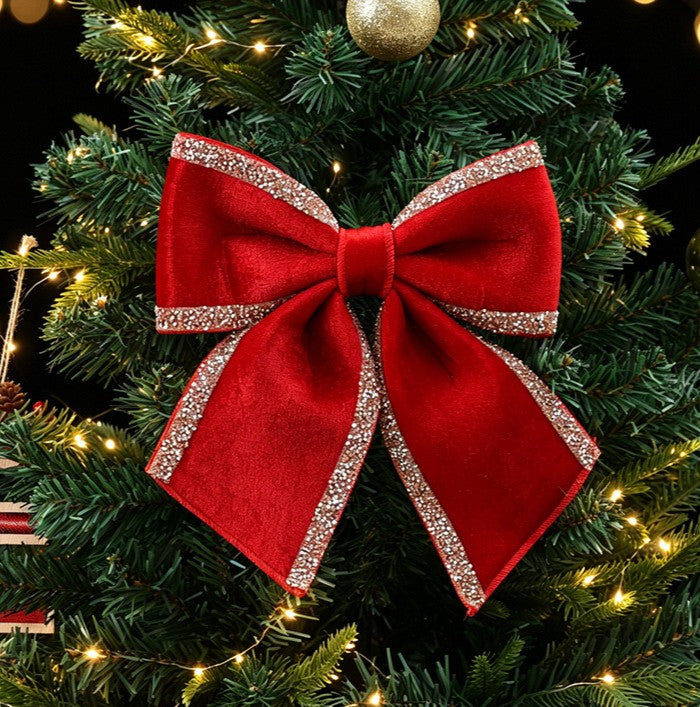 Glitter-Edged Velvet Christmas Bow Tree Decor - Red-S