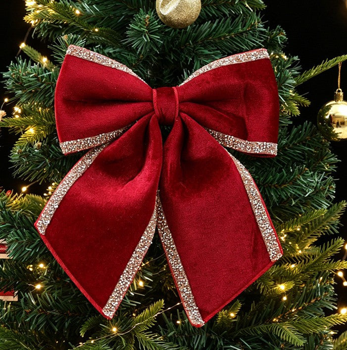 Glitter-Edged Velvet Christmas Bow Tree Decor - WineRed-M