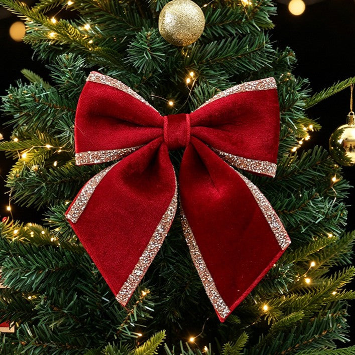 Glitter-Edged Velvet Christmas Bow Tree Decor - WineRed-S