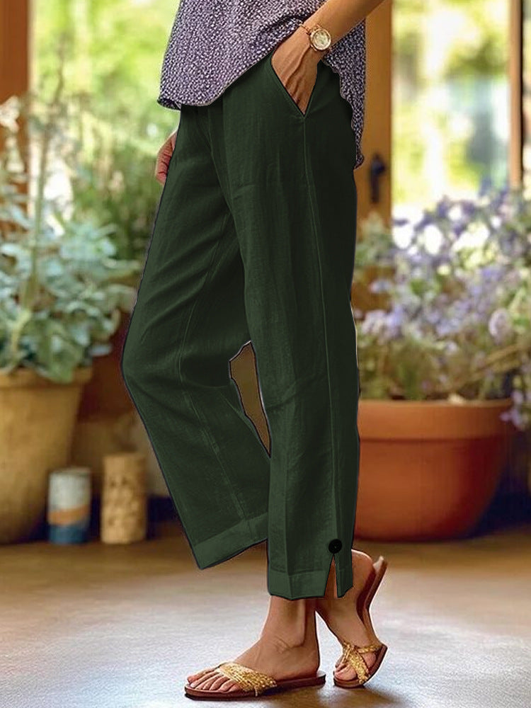 Linen Blend Tapered Button Hem Pants - green