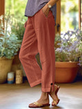 Linen Blend Tapered Button Hem Pants - orange