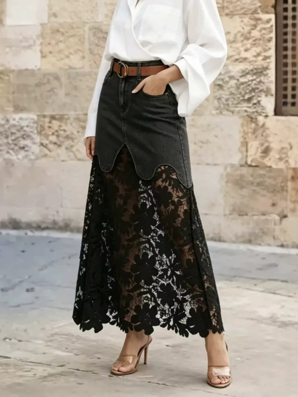 Crochet Lace Hem Denim Maxi Skirt - Black