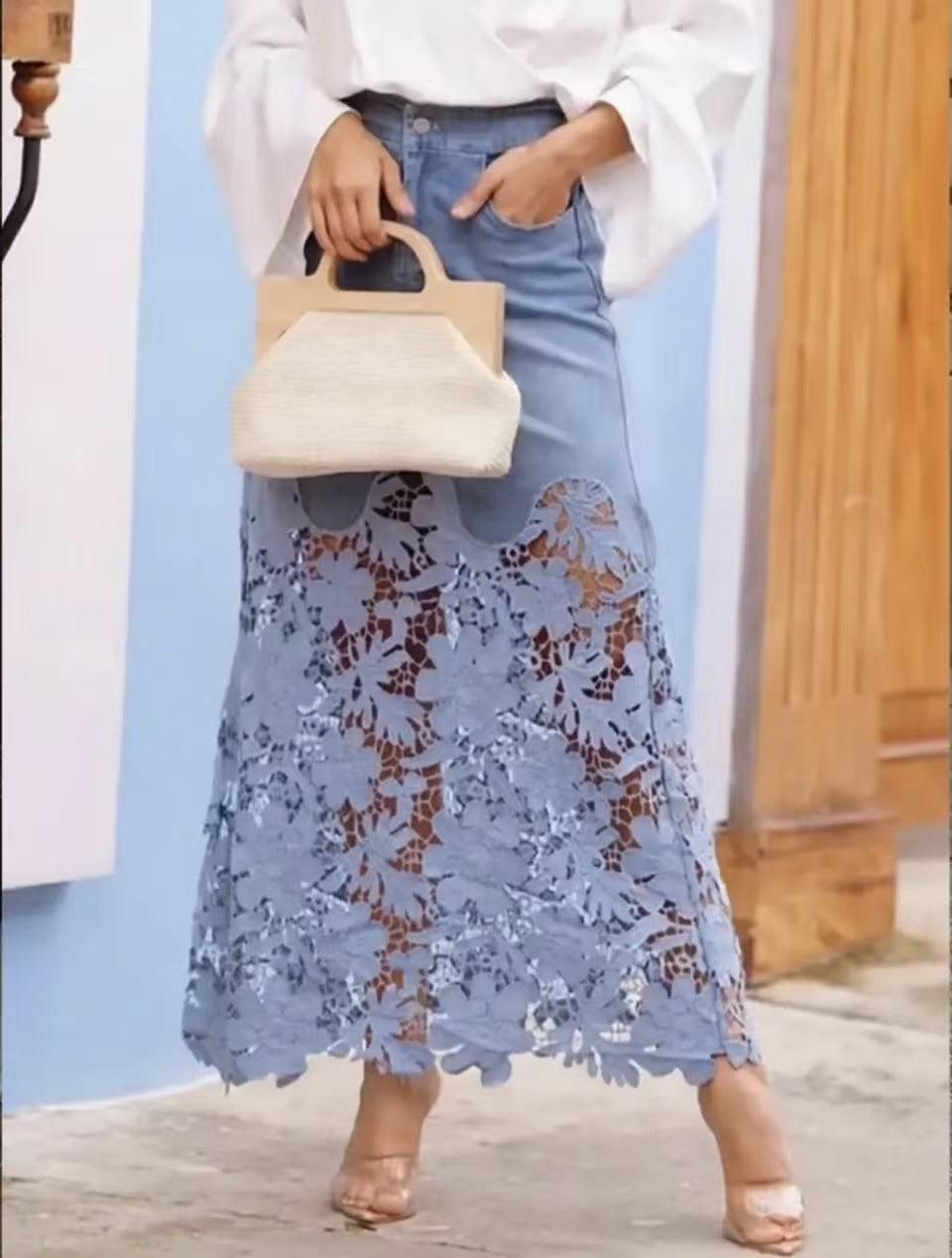 Crochet Lace Hem Denim Maxi Skirt - Blue