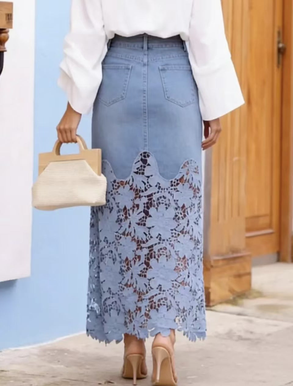 Crochet Lace Hem Denim Maxi Skirt - Blue - 1