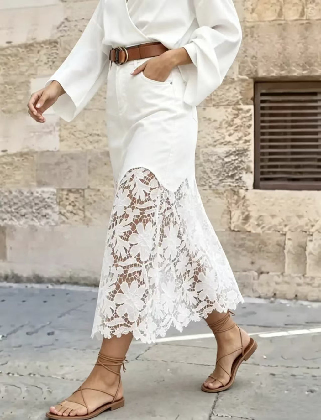 Crochet Lace Hem Denim Maxi Skirt - White