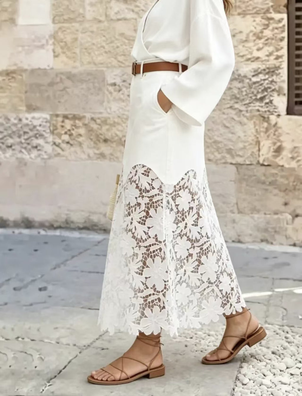 Crochet Lace Hem Denim Maxi Skirt - White - 1