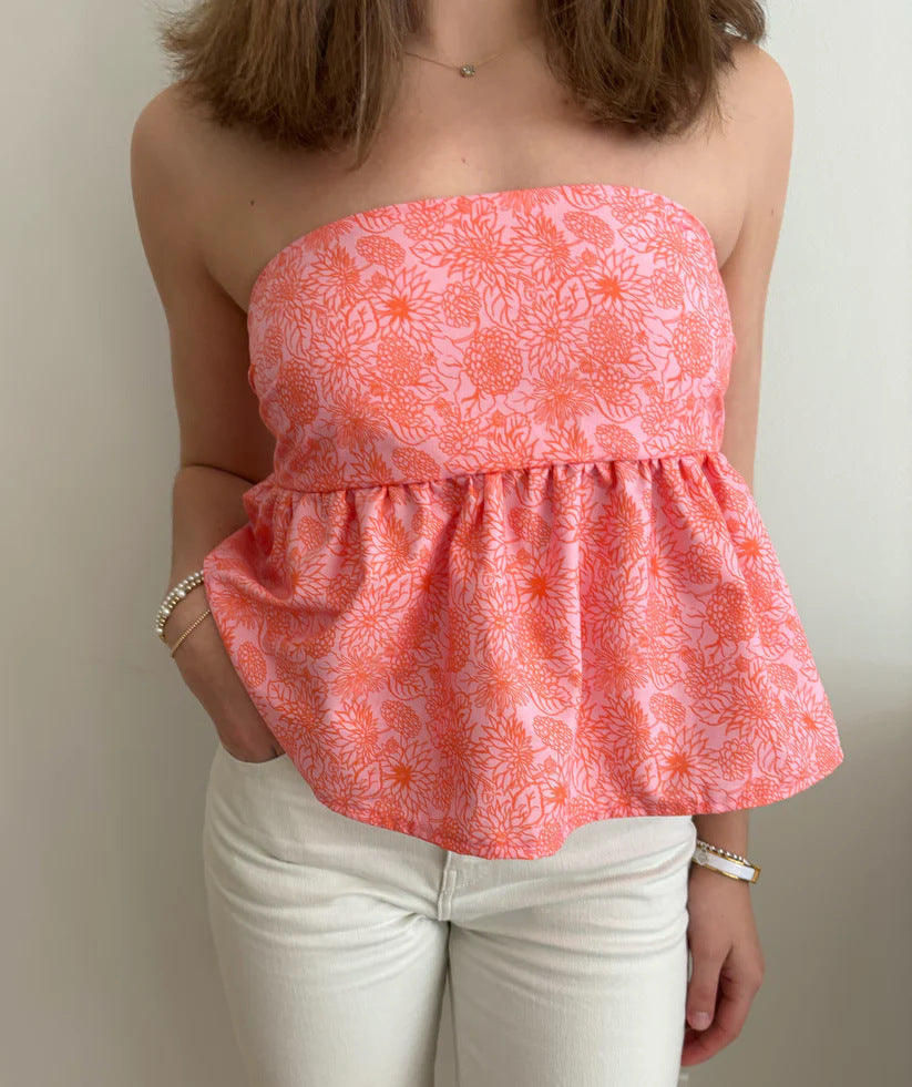 Ditsy Print Tie Back Bandeau Peplum Top - Pink
