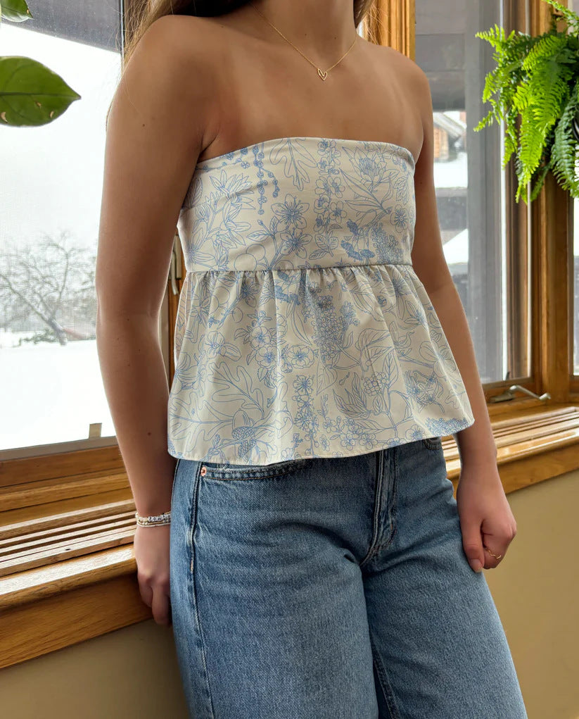 Ditsy Print Tie Back Bandeau Peplum Top - blue - 2