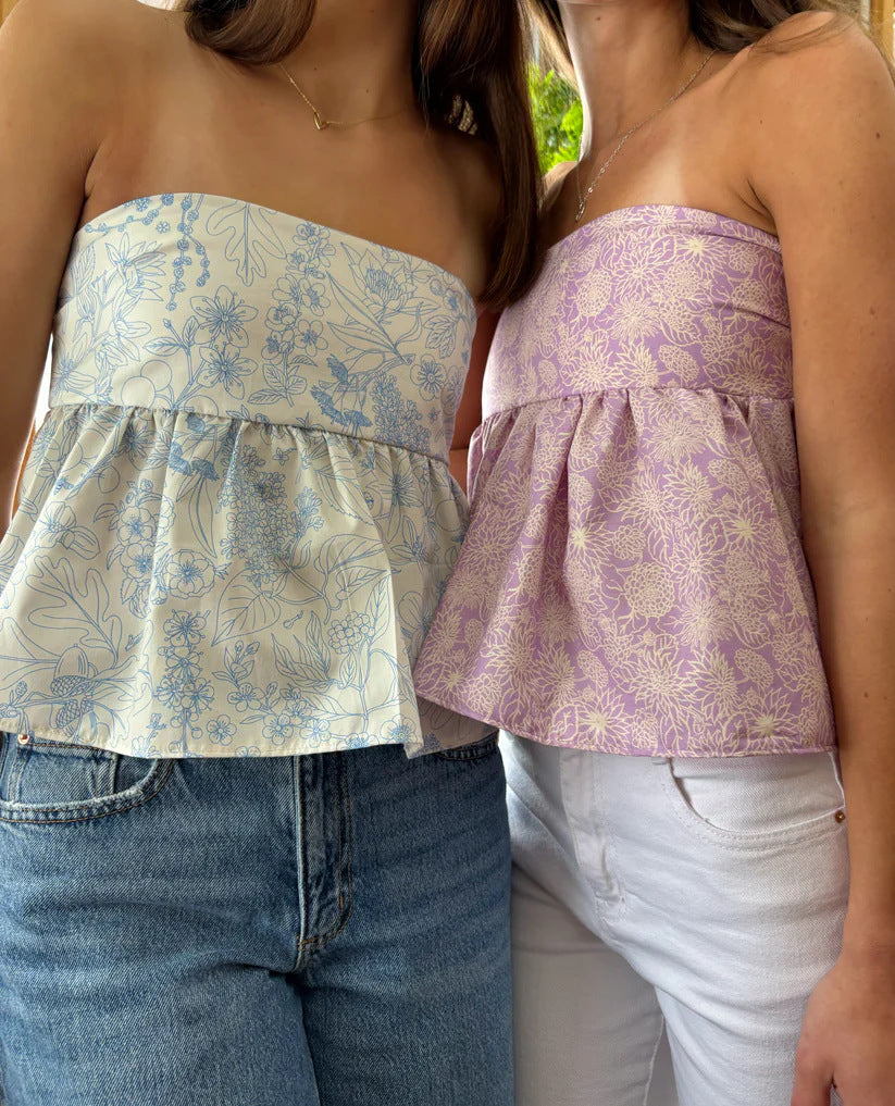 Ditsy Print Tie Back Bandeau Peplum Top - blue - 3