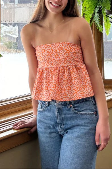 Ditsy Print Tie Back Bandeau Peplum Top - orange - 3