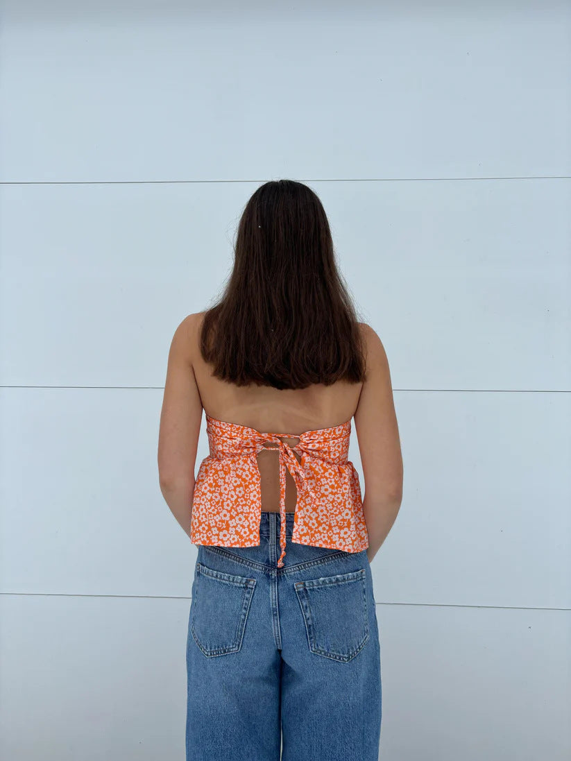 Ditsy Print Tie Back Bandeau Peplum Top - orange - 4