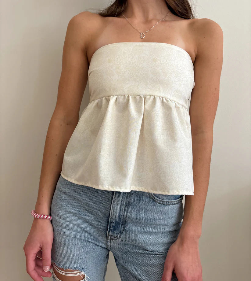 Ditsy Print Tie Back Bandeau Peplum Top - white - 1