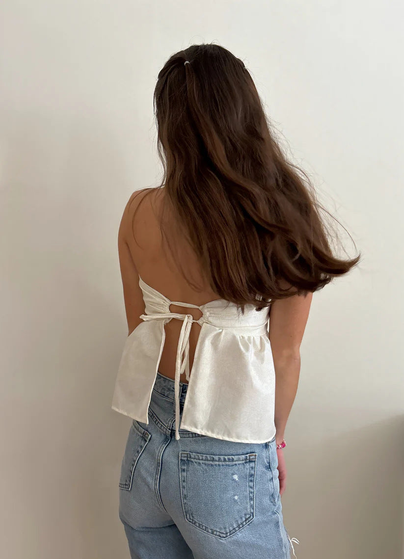 Ditsy Print Tie Back Bandeau Peplum Top - white - 2