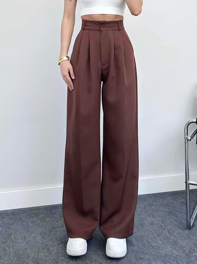 High Waisted Pleated Wide Leg Trousers - Coffee