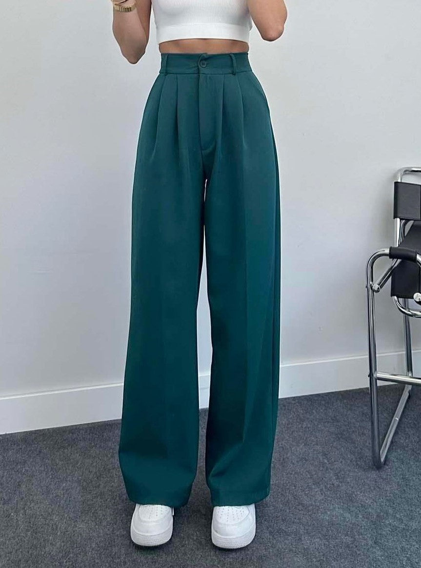 High Waisted Pleated Wide Leg Trousers - Darkgreen
