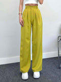High Waisted Pleated Wide Leg Trousers - Yellow