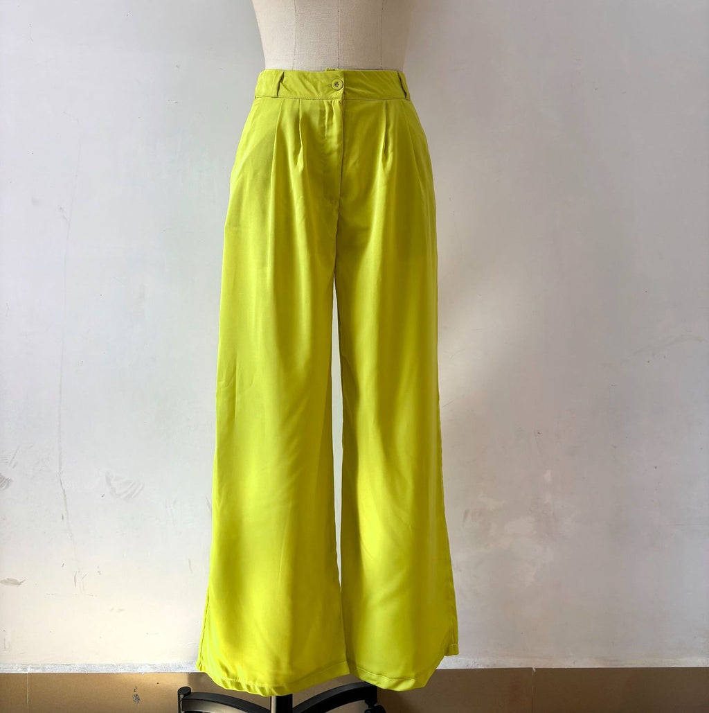 High Waisted Pleated Wide Leg Trousers - Yellow - 2