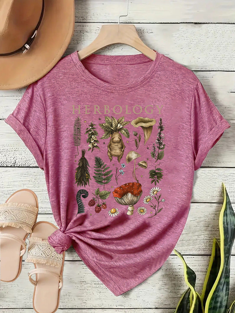 Vintage Mushroom Botanical Graphic T-Shirt - Pink