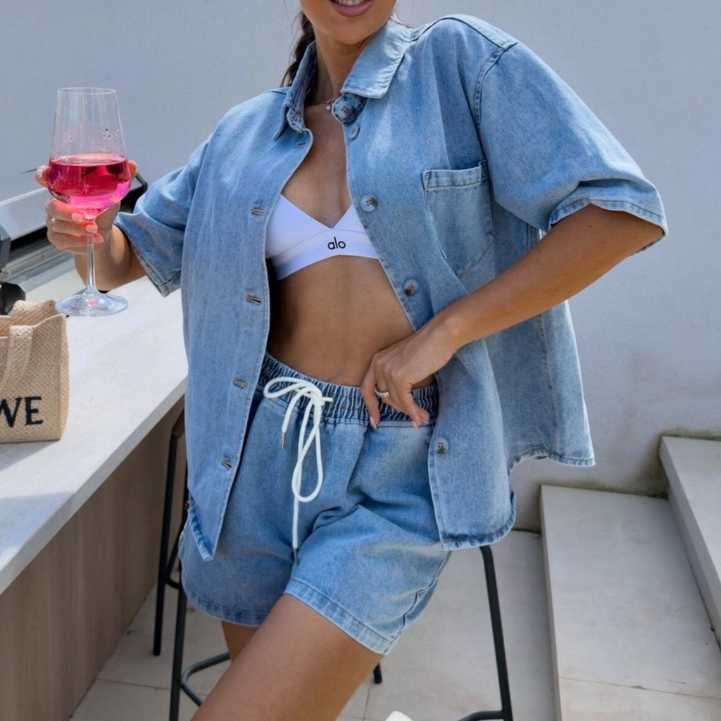 Relaxed Camp Shirt and Tie Waist Shorts Set - Blue