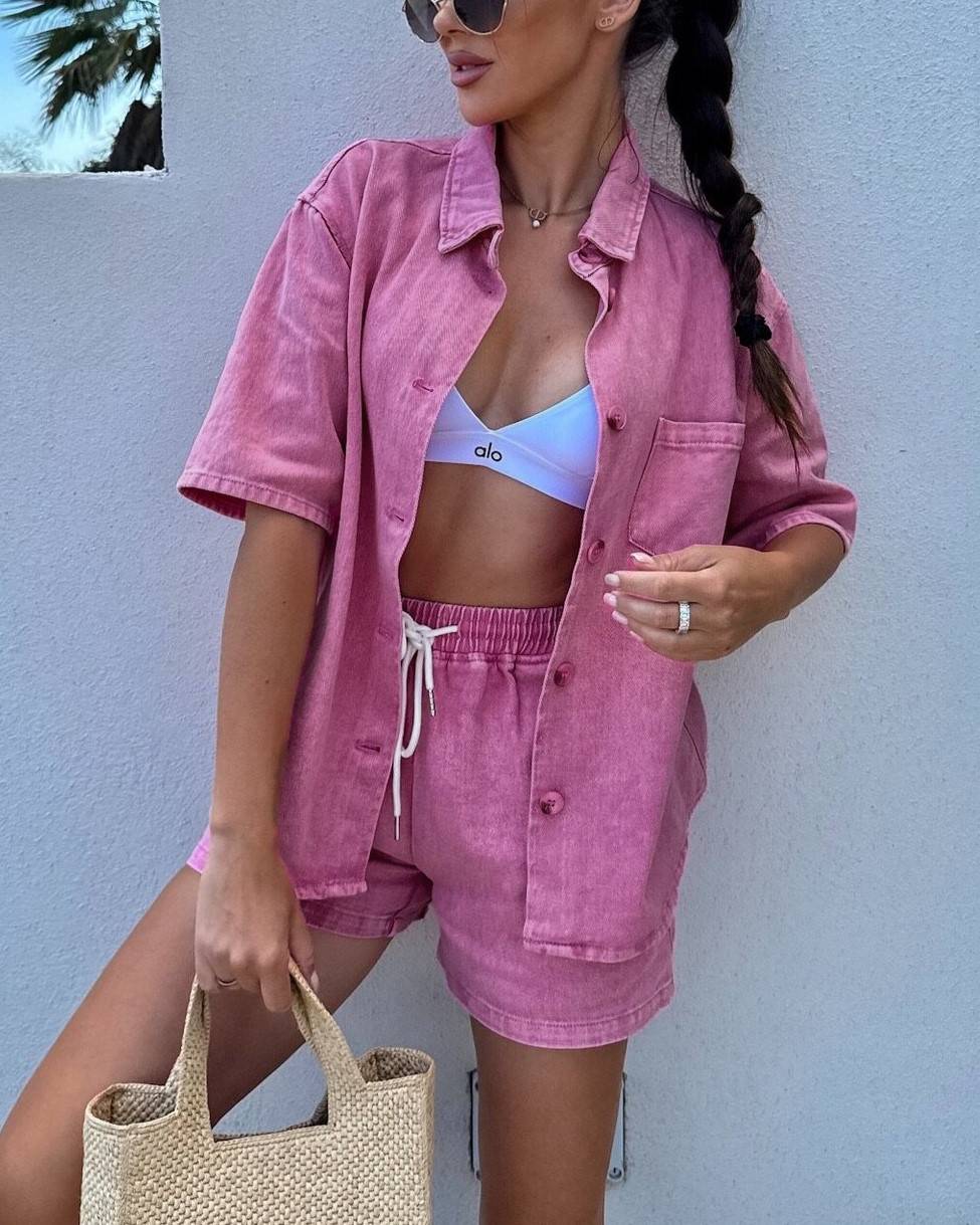 Relaxed Camp Shirt and Tie Waist Shorts Set - Rose