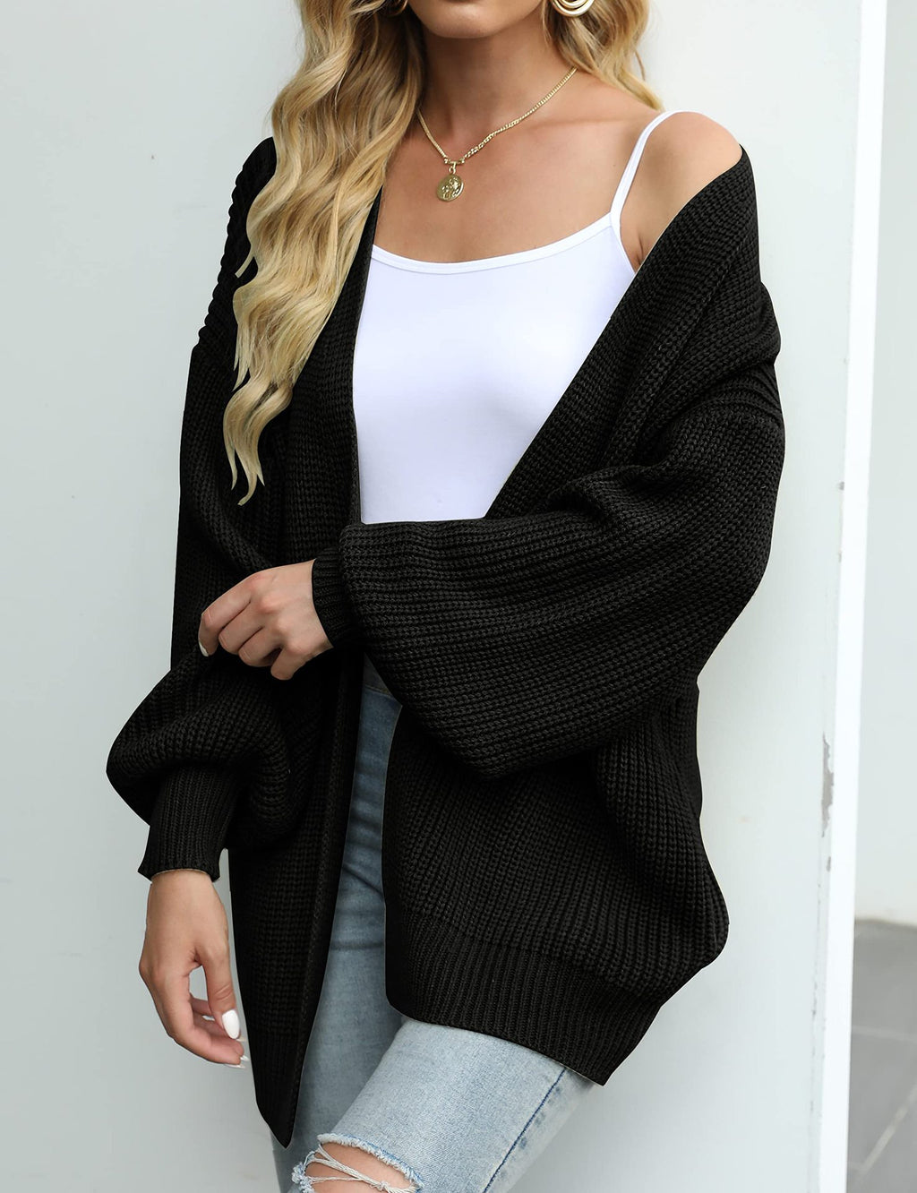 Balloon Sleeve Ribbed Open Front Cardigan - Black