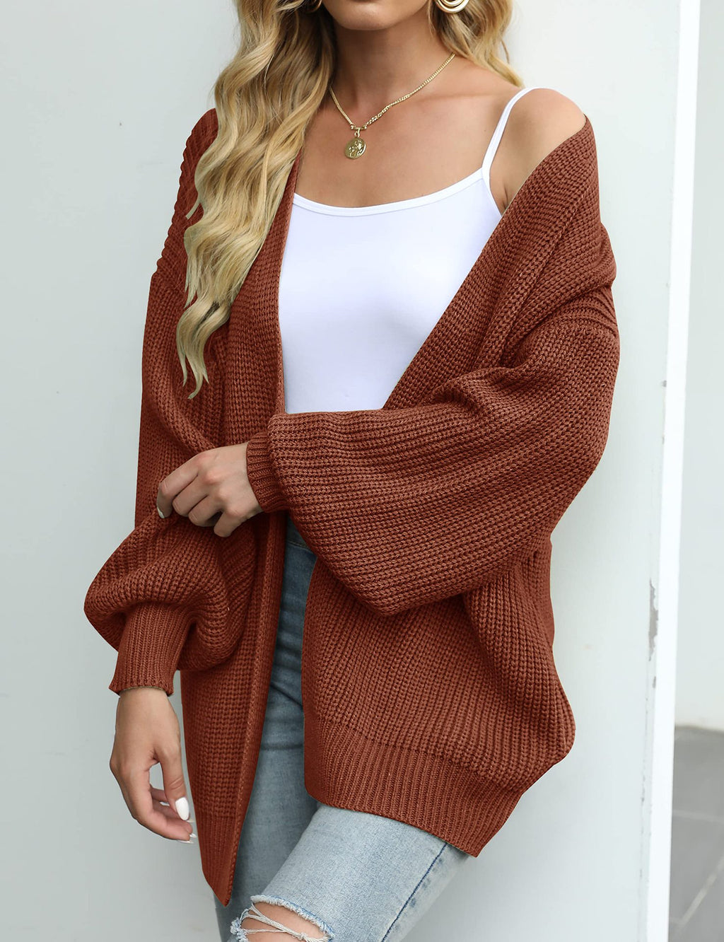 Balloon Sleeve Ribbed Open Front Cardigan - Coffee