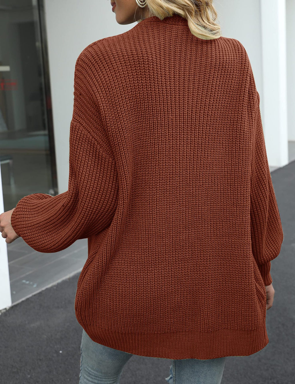 Balloon Sleeve Ribbed Open Front Cardigan - Coffee - 2