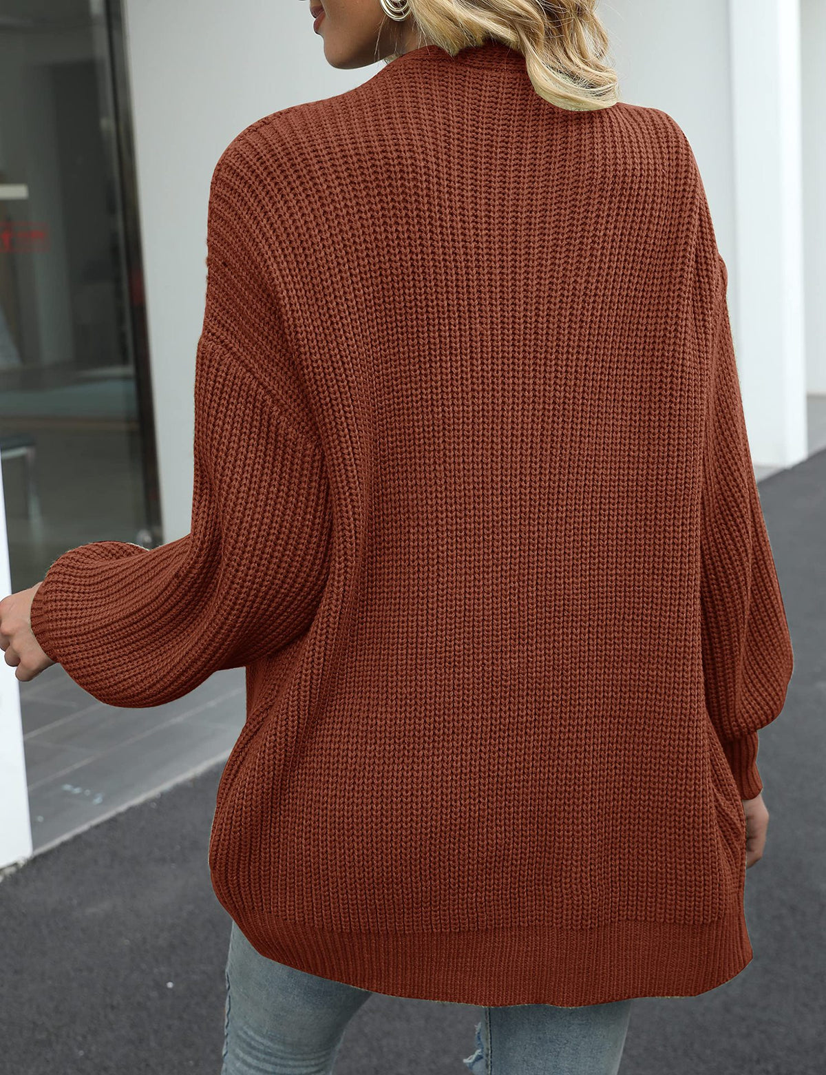 Balloon Sleeve Ribbed Open Front Cardigan - Coffee - 2