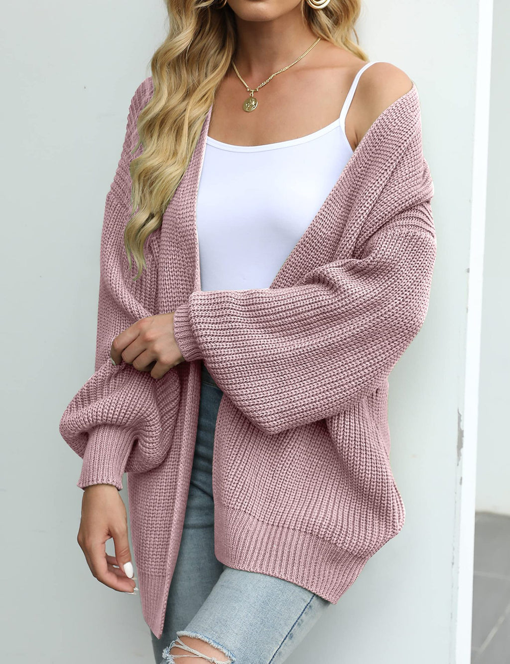 Balloon Sleeve Ribbed Open Front Cardigan - Pink