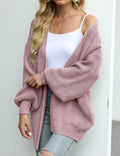 Balloon Sleeve Ribbed Open Front Cardigan - Pink